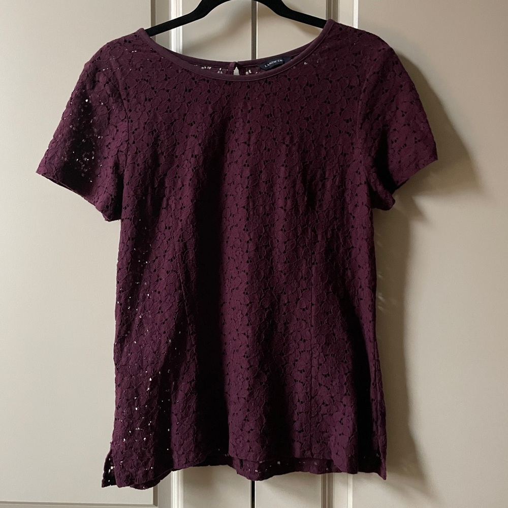 Lands End Burgundy Lace Chiffon Layered Short Sleeve Top Blouse with slip